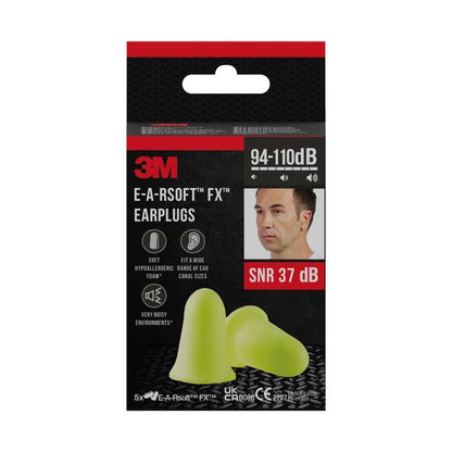 A 3M™ E-A-Rsoft™ FX™ füldugók puha poliuretán habból készülnek, sárgák, SNR 37 dB, és 5 pár/csomagban kaphatók a 3M Deutschland GmbH-tól - ideálisak zajos környezetekhez.
