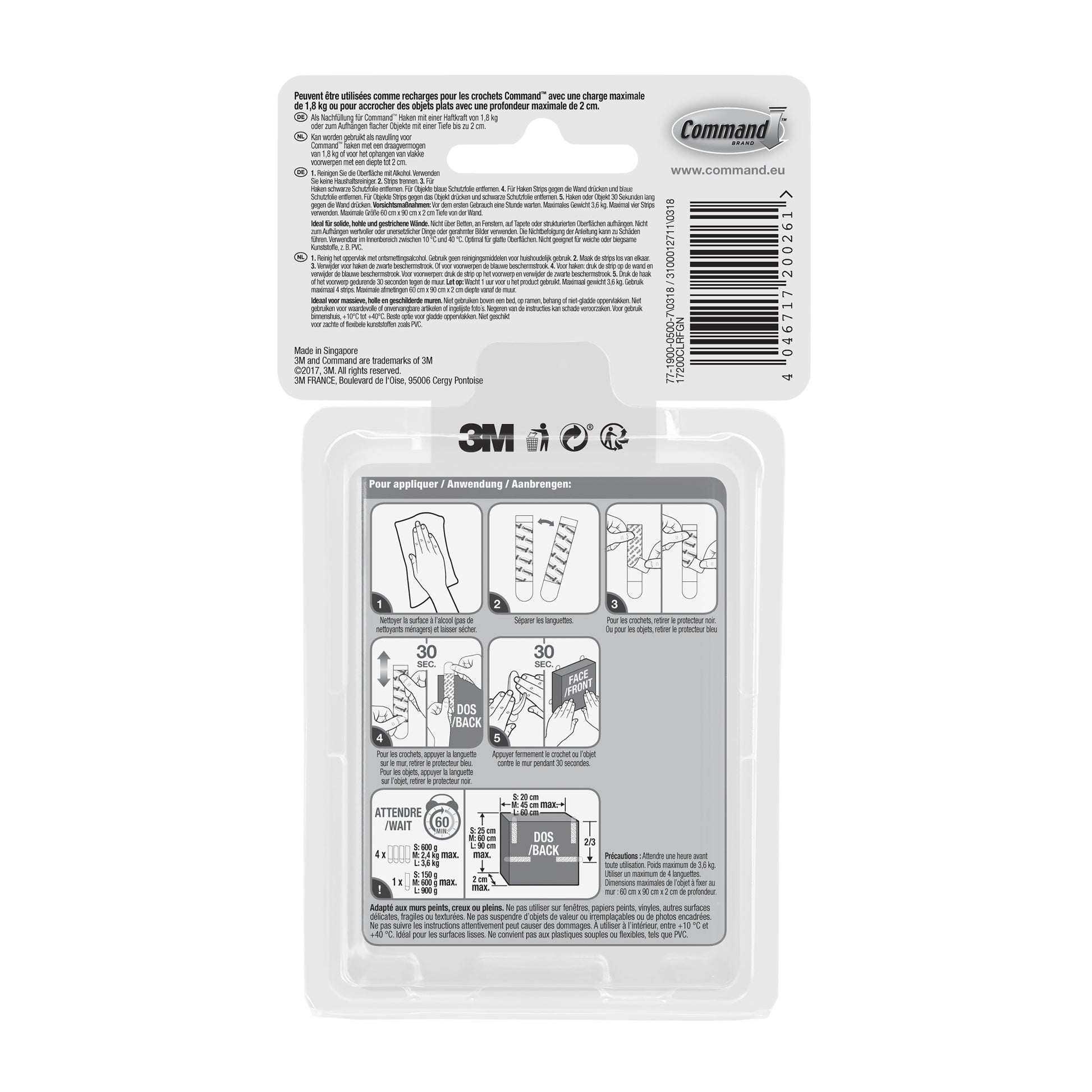 Rückansicht einer 3M Deutschland GmbH Multipack Command™ Strips (transparent 17200CLR, 1 Stück) Verpackung mit Gebrauchsanweisung, Sicherheitswarnungen, Strichcode und Branding in Englisch und Französisch auf einer durchsichtigen Verpackung mit schwarzem und weißem Text und Abbildungen.