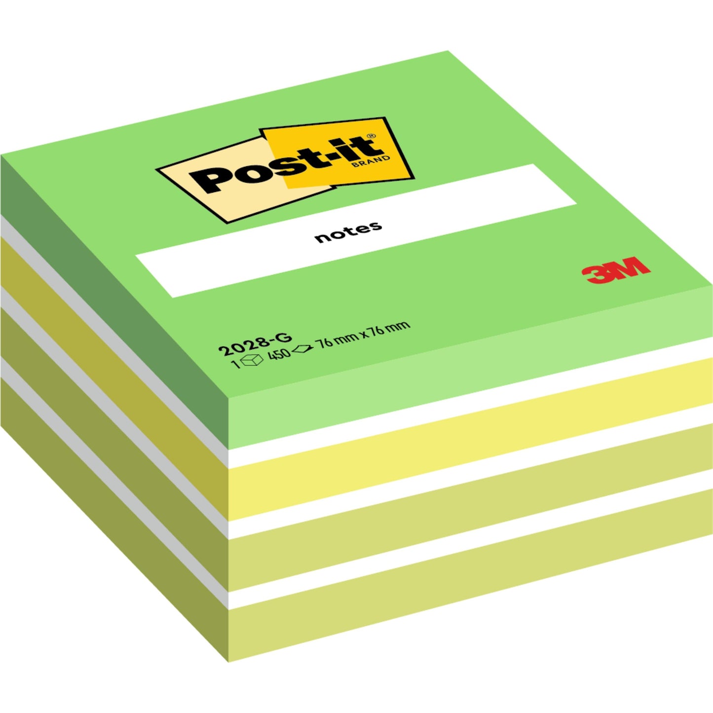 Egy zöld és sárga Post-it® jegyzettömb kocka (76 mm x 76 mm, 450 lap/blokk, 100% PEFC) a 3M Deutschland GmbH-tól, a Post-it logóval és termékadatokkal a csomagoláson.