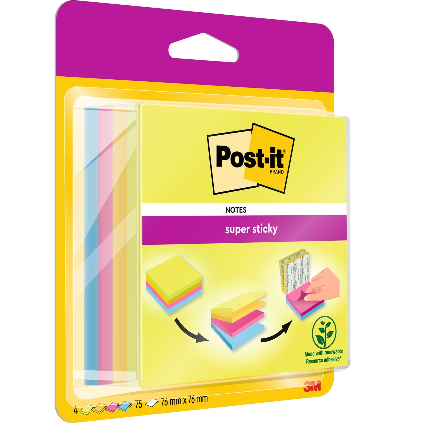 A Post-it® Super Sticky Easy Select-kocka a 3M Deutschland GmbH-tól négy szín szerint válogatott tömböt tartalmaz 76 x 76 mm-es méretben, egyenként 75 lappal, 100% PEFC-tanúsítvánnyal rendelkező papírból (SGSCH-PEFC-COC-110078) készülve.