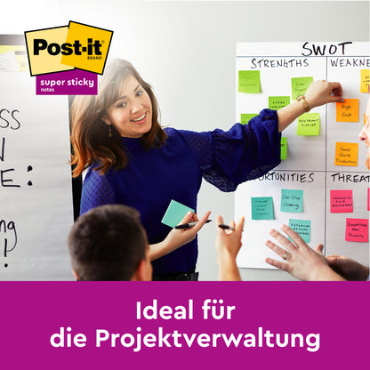 Egy nő egy SWOT-elemzésre mutat színes Post-it® Super Sticky Notes nagy méretben (101mm x 101mm, 90 lap, 100% PEFC) a 3M Deutschland GmbH-tól - tökéletes projektmenedzsmenthez és csapatmunkához.