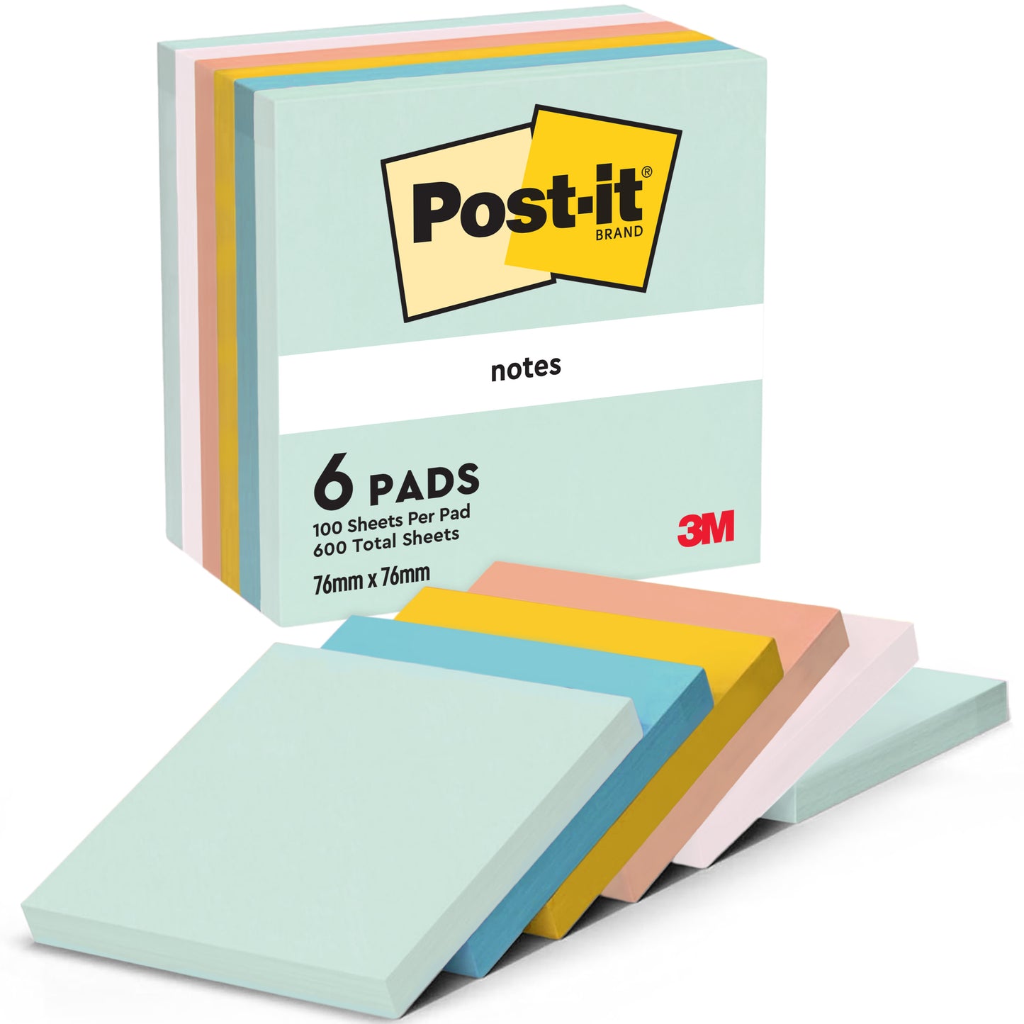 Hat blokk Post-it® jegyzet (76mm x 76mm, egyenként 100 lap, összesen 600 lap) a 3M Deutschland GmbH-tól különböző pasztellszínekben legyezőszerűen elrendezve. A csomagolás tartalmazza a "100 lap/blokk, 100% PEFC" feliratot és a 3M-logót.