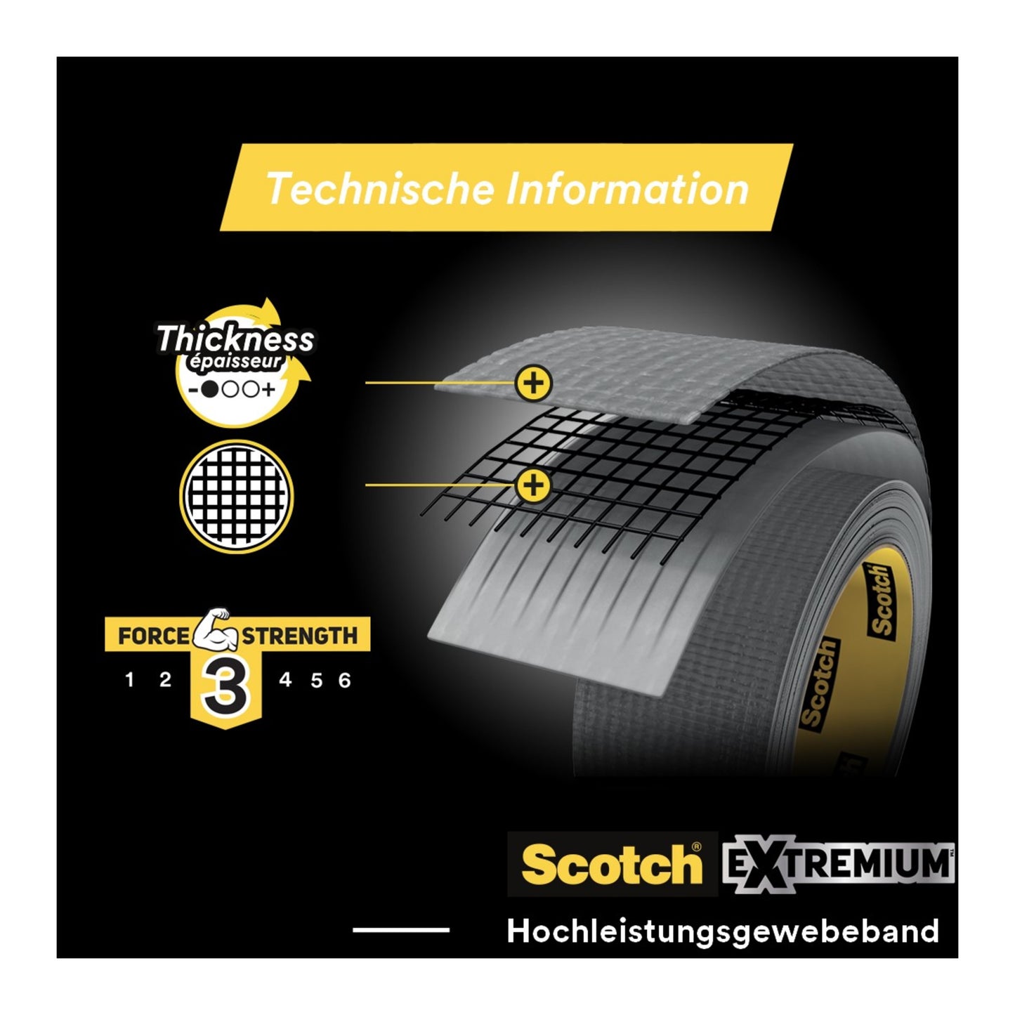 Közelkép a Scotch® Universal ragasztószalag 2904-ről a 3M Deutschland GmbH-tól (50 m x 48 mm) keresztmetszeti grafikával, amely a vastagságot és a megerősített hálót ábrázolja, valamint technikai szimbólumokkal a 3-as erősségi szintre és a további vastagságra.
