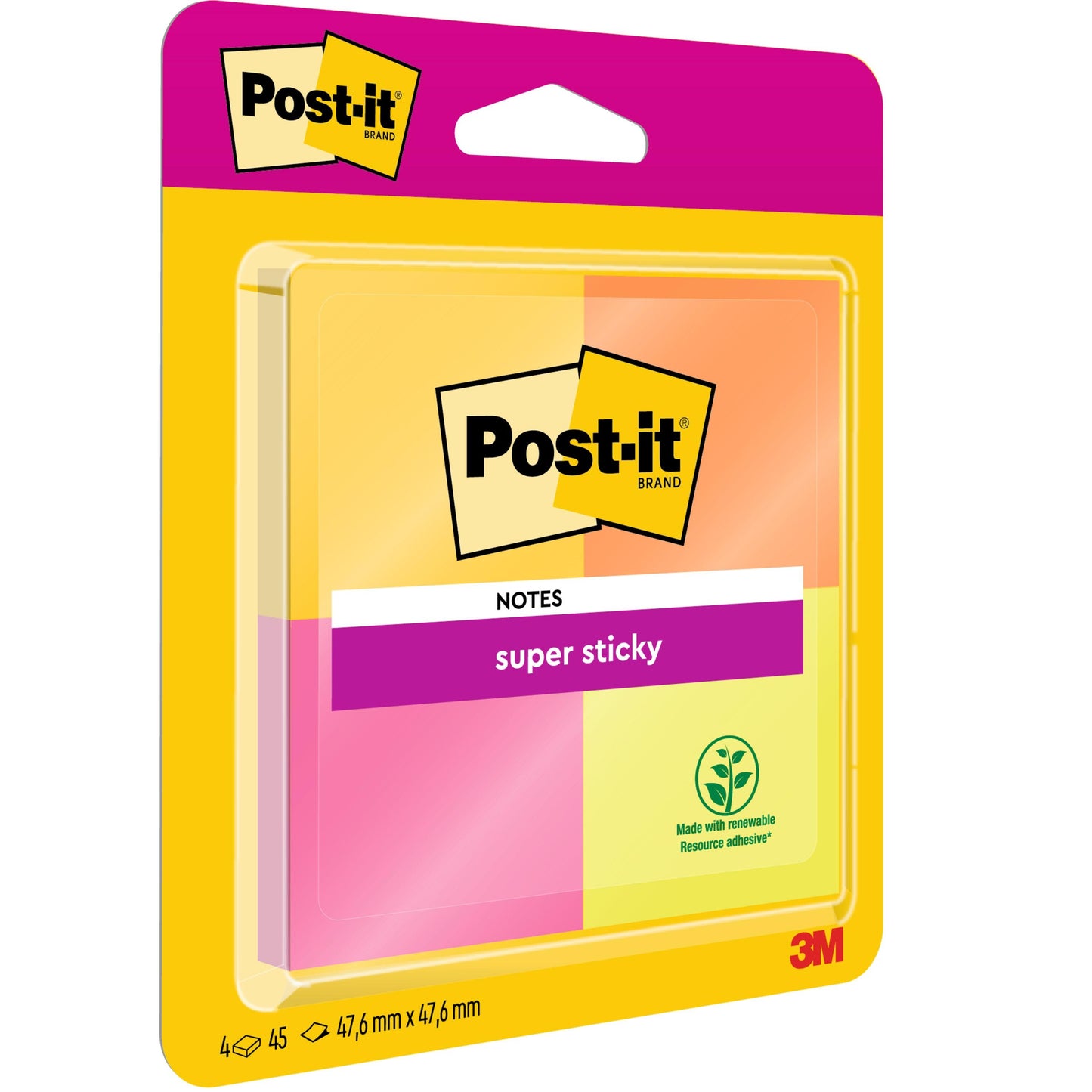 Egy 4 darabos Post-It® Super Sticky Notes csomag a 3M Deutschland GmbH-tól, színben válogatva, 47,6 x 47,6 mm, 45 lap blokkja; megújuló ragasztóval készült és 100% PEFC SGSCH-PEFC-COC-110078 tanúsítvánnyal rendelkezik a fenntarthatóságért.