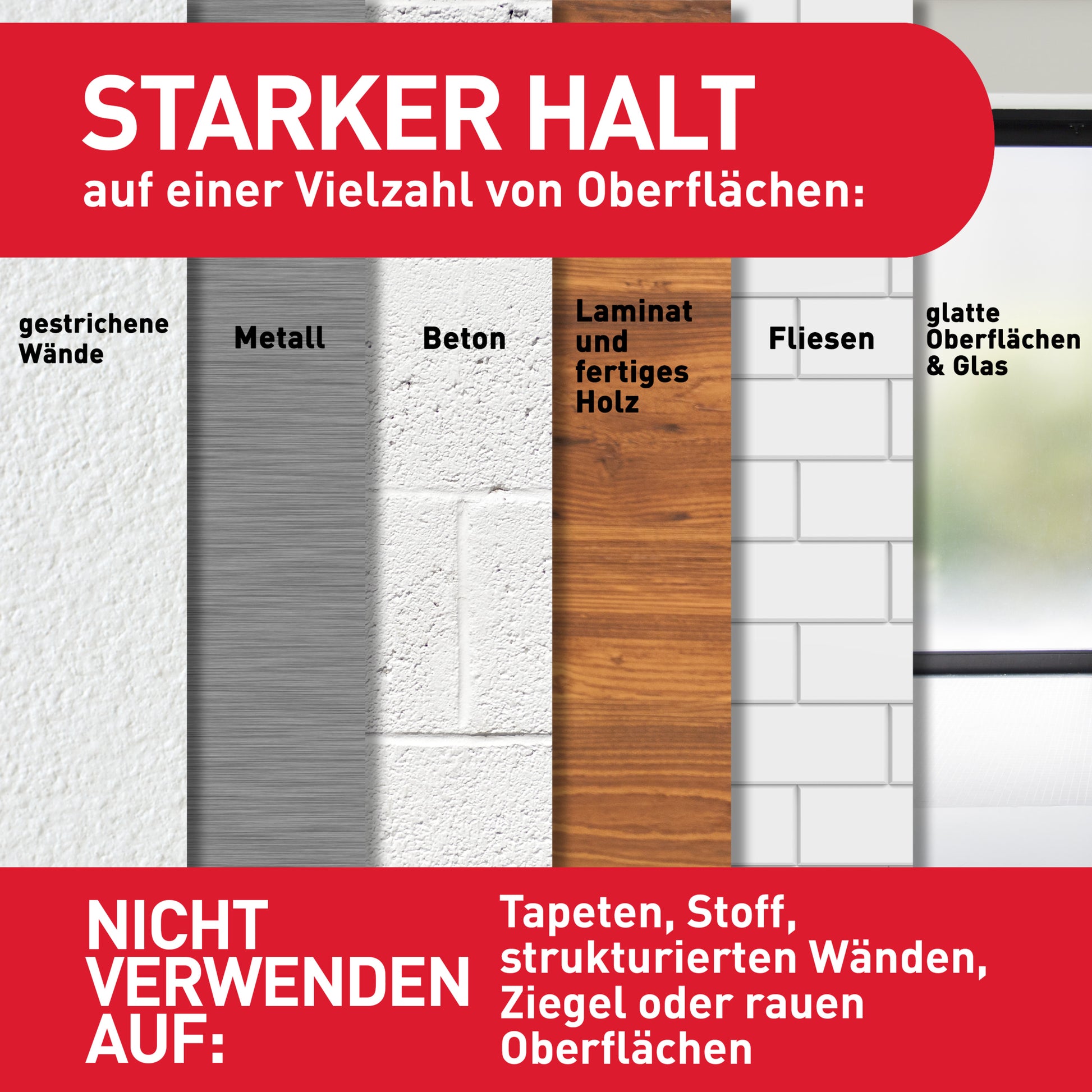 Eine Tabelle zeigt, wo Command™ Drahthaken, klein, transparent (3M Deutschland GmbH) funktioniert: gestrichene Wände, Metall, Beton, Laminat/Holz, Fliesen, glatte Oberflächen. Nicht für Tapeten, Stoff, strukturierte Wände/Ziegelsteine/raue Oberflächen.