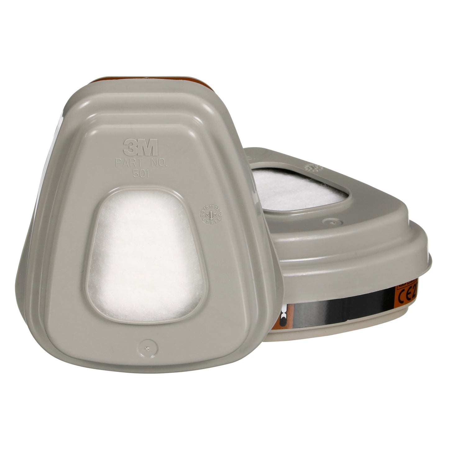 Abgebildet sind zwei graue 3M™ Filtersatz 6002-1SP, A2P2 organische Dämpfe von 3M Deutschland GmbH mit zentralem weißem Filterfenster und klaren Markierungen. Idealer Schutz gegen organische Dämpfe. Packung enthält 2x6055, 2x5925, 2x501.