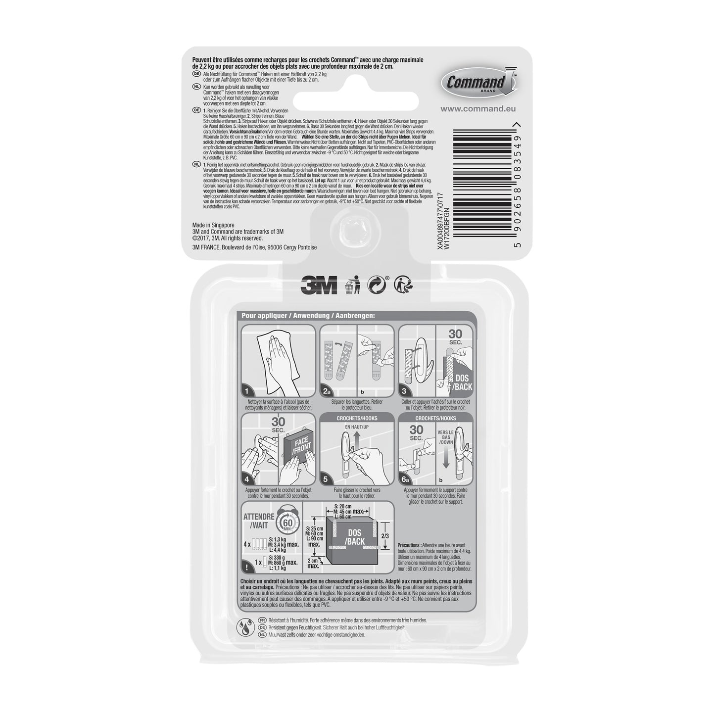 Rückseite von Command™ Wasserresistente Strips Multipack (8×S, 4×M, 4×L) von 3M Deutschland GmbH. Zeigt Barcode, 3M/Command-Logos, Anweisungen in Französisch/Englisch und Diagramme zur Verwendung/Entfernung-Befestigung ohne Bohren.