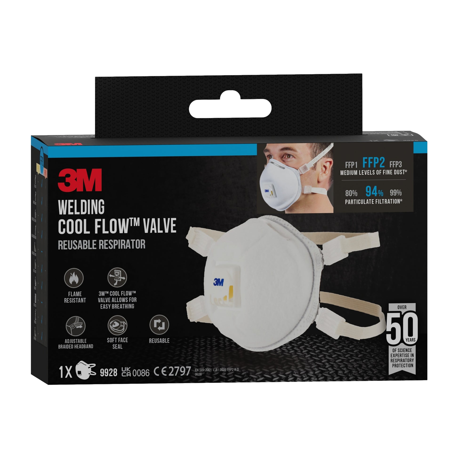 Eine Schachtel 3M™ Cool Flow™ Partikelmaske 9928 für Schweißarbeiten, mit Ventil von 3M Deutschland GmbH. Die Verpackung zeigt die Maske, die Funktionen und einen Benutzer; enthält eine Maske, die bis zu 50 Mal verwendet werden kann.