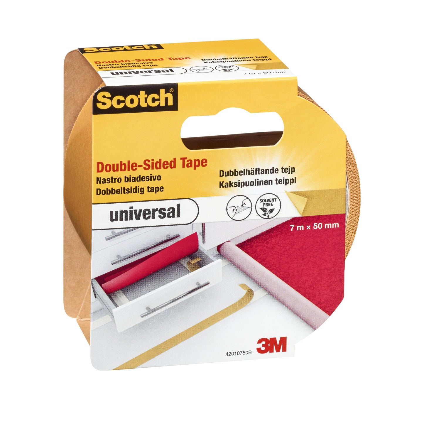Egy csomagolt Scotch® kétoldalas ragasztószalag UNIVERSAL (7 m x 50 mm) tekercsen, a 3M Deutschland GmbH-tól, a "universal" felirattal, több nyelven szerepelnek jellemzők és képek a bútorokon és szőnyegeken való használathoz.