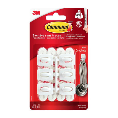 A 3M Deutschland GmbH Command™ Mini-Hook, 17006 hat fehér kampókat tartalmaz ragasztószalaggal, amelyek lehetővé teszik a sérülésmentes, fúrás nélküli felakasztást. Nyom nélkül eltávolítható; piros-fehér csomagolásban szállítva.