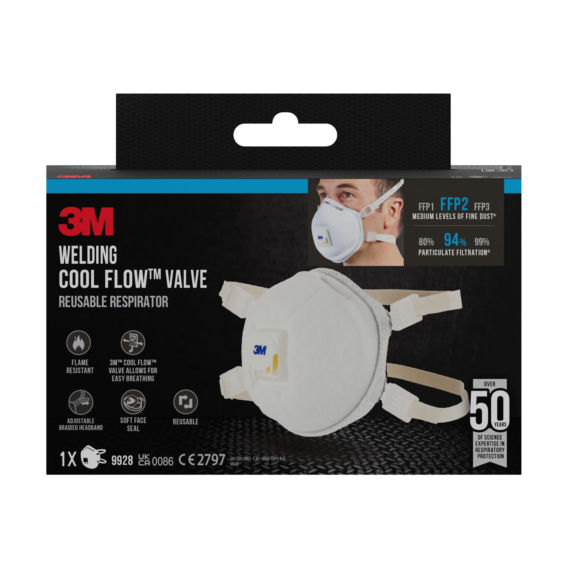 Eine Schachtel 3M™ Cool Flow™ Partikelmaske 9928 für Schweißarbeiten von 3M Deutschland GmbH, FFP2-rated mit Ventil, filtert 80-94% und enthält eine wiederverwendbare Maske für über 50 Anwendungen.
