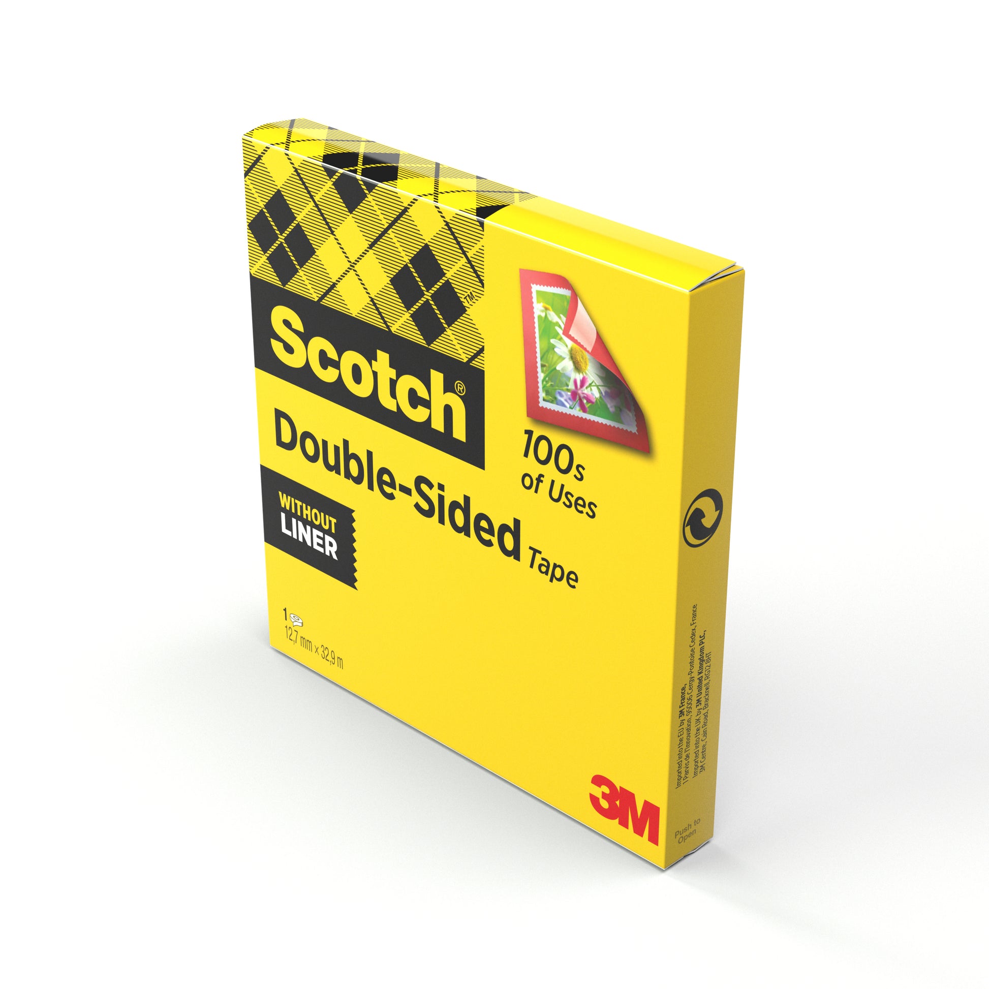 Eine gelbe Schachtel Scotch® doppelseitiges Klebeband (1 Rolle, 12 mm x 33 m) der 3M Deutschland GmbH ist mit karierten Akzenten und den Aufschriften "100s of Uses" und "Without Liner" versehen.