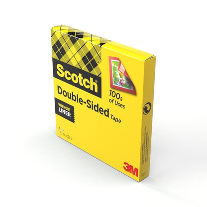 Egy sárga doboz 3M Deutschland GmbH Scotch® kétoldalas ragasztószalag (1 tekercs, 12 mm x 33 m) fekete felirattal, kockás dizájnnal, egy szerelési illusztrációval és a "100s of Uses" és "Without Liner" megjegyzésekkel.
