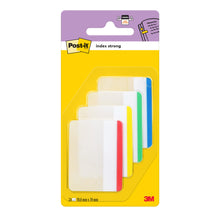 Eine Packung Post-it® Index Strong Ablagetabs, Groß von 3M Deutschland GmbH, mit 24 farblich sortierten Haftstreifen (50,8 mm x 38,1 mm) pro Spender, ideal zum Organisieren von Dokumenten, in einer klaren Blisterverpackung mit gelbem Hintergrund.
