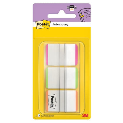 A képen egy csomag 3M Deutschland GmbH Post-it® Index Strong Ablagetabs látható, standard, különböző színekben (25,4 mm x 38,1 mm, 66 ragasztószalag/adagoló), átlátszó műanyag és sárga csomagolásban.