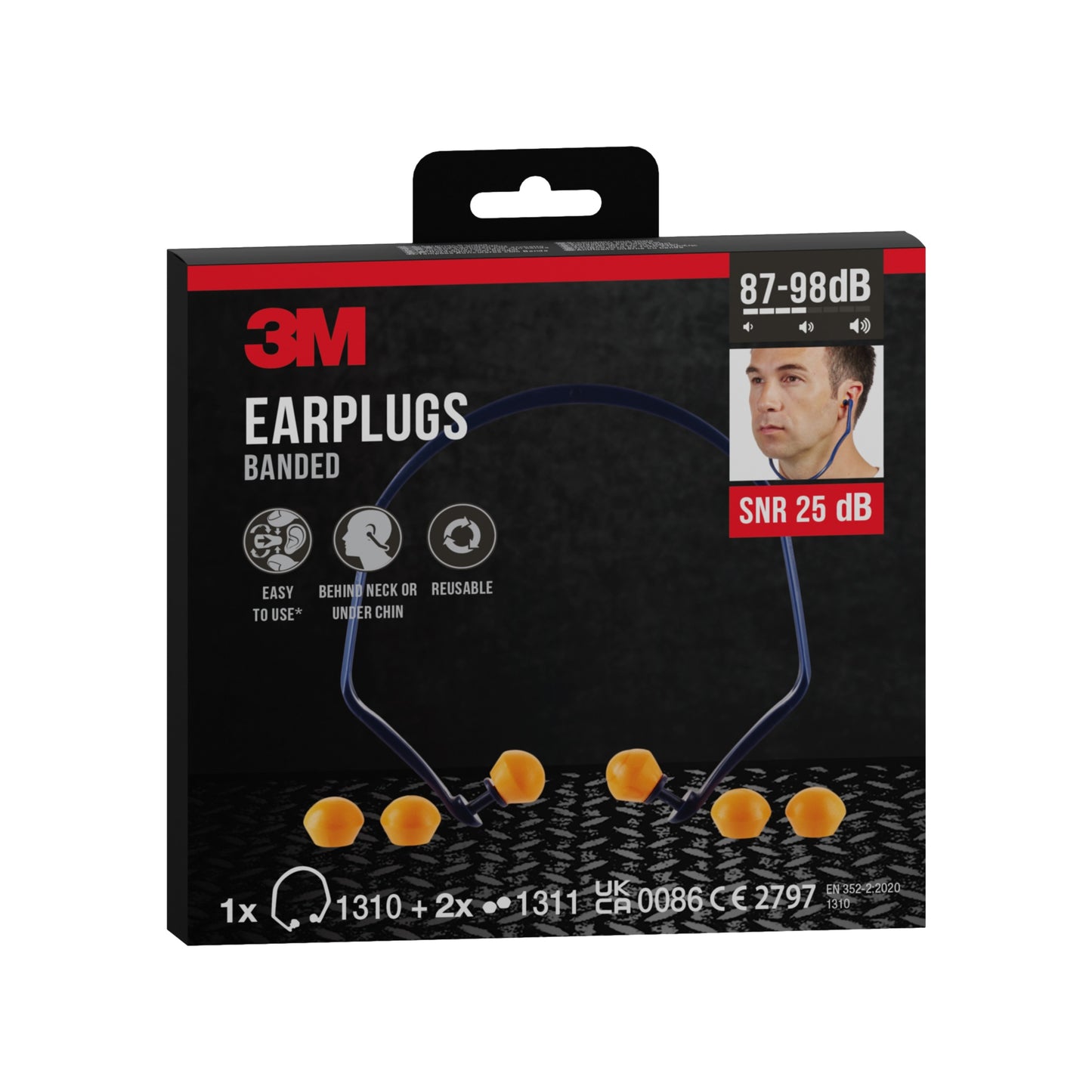 A képen egy 3M™ fülvédő 1310 + 2 pár tartalék dugó (SNR 24-25 dB, narancs) doboza látható a 3M Deutschland GmbH-tól, egy viselőjének fotójával és a zajcsökkentés adataival (87-98 dB) a csomagoláson.
