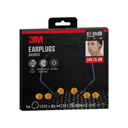 A képen egy 3M™ fülvédő 1310 + 2 pár tartalék dugó (SNR 24-25 dB, narancs) doboza látható a 3M Deutschland GmbH-tól, egy viselőjének fotójával és a zajcsökkentés adataival (87-98 dB) a csomagoláson.