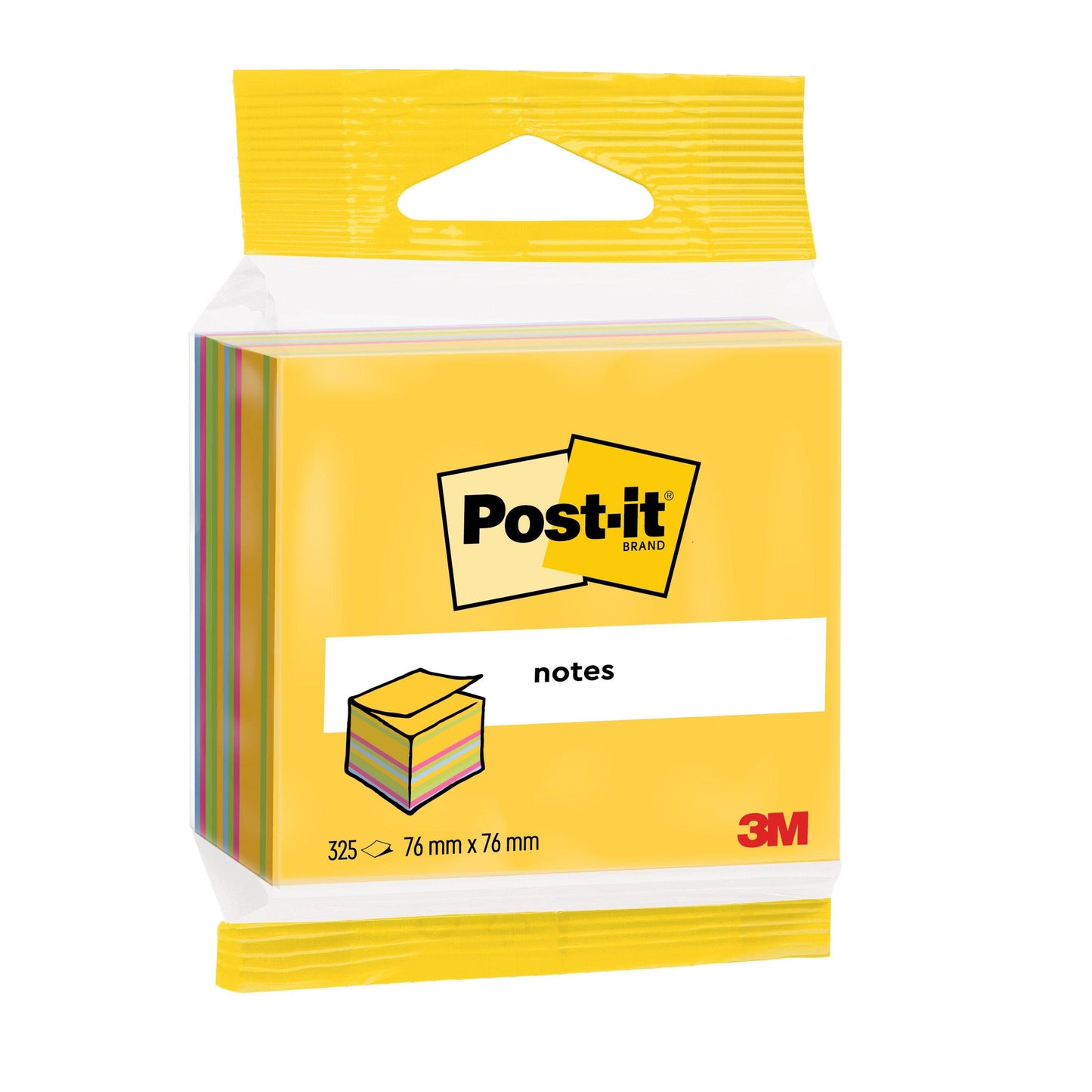 Egy csomag Post-it® Notes kocka a 3M Deutschland GmbH-tól, 76 x 76 mm, 450 lap blokkonként, szín szerint válogatva és PEFC tanúsítvánnyal.