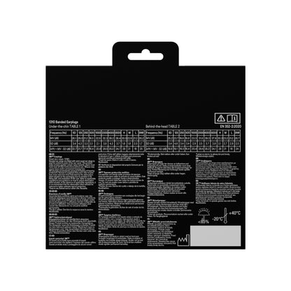 A 3M™ fülvédő 1310 + 2 pár tartalék dugó (SNR 24-25 dB) a 3M Deutschland GmbH-tól hátoldalán fehér, többnyelvű táblázatok, figyelmeztetések, használati információk és egy középen kivágott fogantyú található.