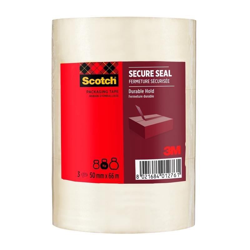 Egy 3 darabos csomag Scotch® csomagolószalag a biztonságos lezáráshoz (50 mm x 66 m) a 3M Deutschland GmbH-tól, piros és fekete csomagolással, termékinformációkkal, vonalkóddal és egy doboz lezárásának képével.