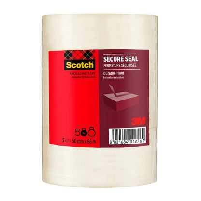 Egy 3 darabos csomag Scotch® csomagolószalag a biztonságos lezáráshoz (50 mm x 66 m) a 3M Deutschland GmbH-tól, piros és fekete csomagolással, termékinformációkkal, vonalkóddal és egy doboz lezárásának képével.