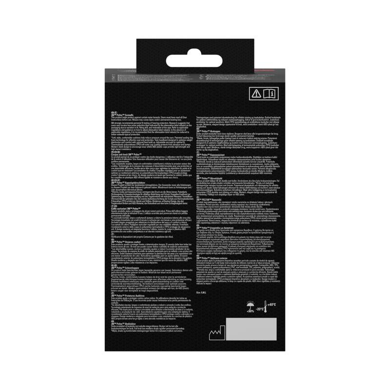 A 3M™ PELTOR™ Komfort fülvédő csomagolásának hátoldala a 3M Deutschland GmbH-tól fekete kartonból áll, kis fehér felirattal, figyelmeztető szimbólumokkal a jobb felső sarokban, kezelési szimbólumokkal a jobb alsó sarokban és egy akasztófüllel felül.