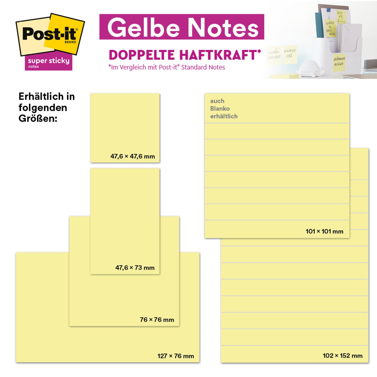 Egy grafika 3M Post-it® jegyzeteket mutat a 3M Deutschland GmbH-tól különböző méretekben, köztük 76 × 76 mm, a csomagolás a háttérben. A 76 × 76 mm-es cetlik 100 lapos blokkokból állnak, és 100% PEFC-tanúsított papírból készültek.