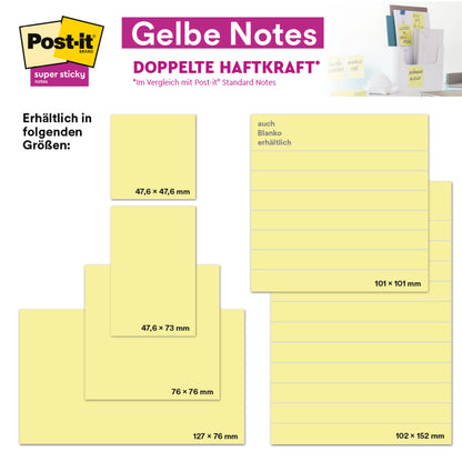 Egy hirdetés a 3M Deutschland GmbH Post-it® Super Sticky Notes jegyzetlapjairól bemutat sárga jegyzetlapokat 76 x 127 mm-es méretben, 90 lap/blokk és 24 blokk/karton, PEFC tanúsítvánnyal és fenntartható csomagolással.