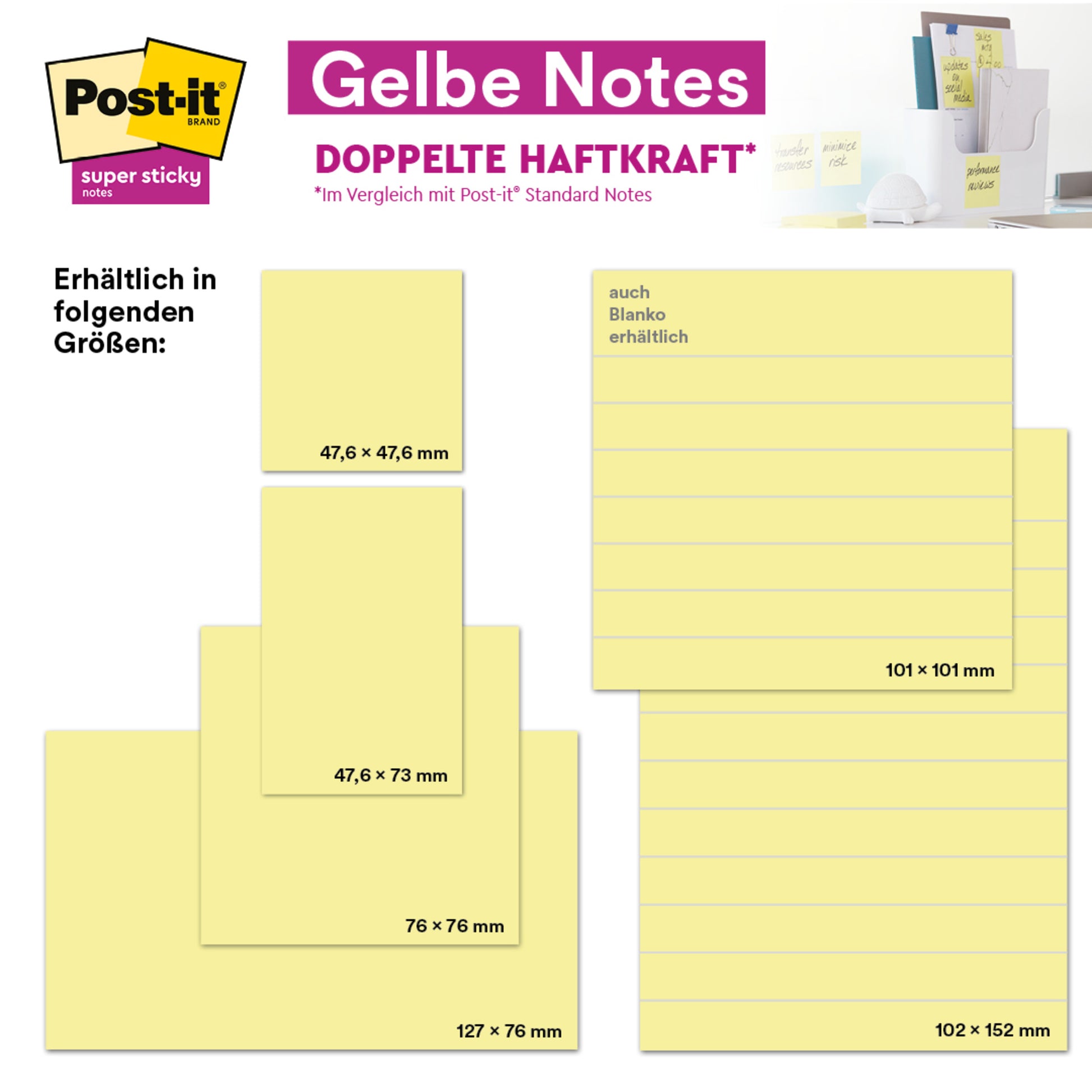 Werbegrafik für Post-it® Notes, Gelb (3M Deutschland GmbH), 12 Blöcke + 12 Gratis/Packung, mit vier Größen: 47,6×47,6 mm, 47,6×73 mm, 127×76 mm und 101×101 mm; Produktbilder und Verpackung im Hintergrund.