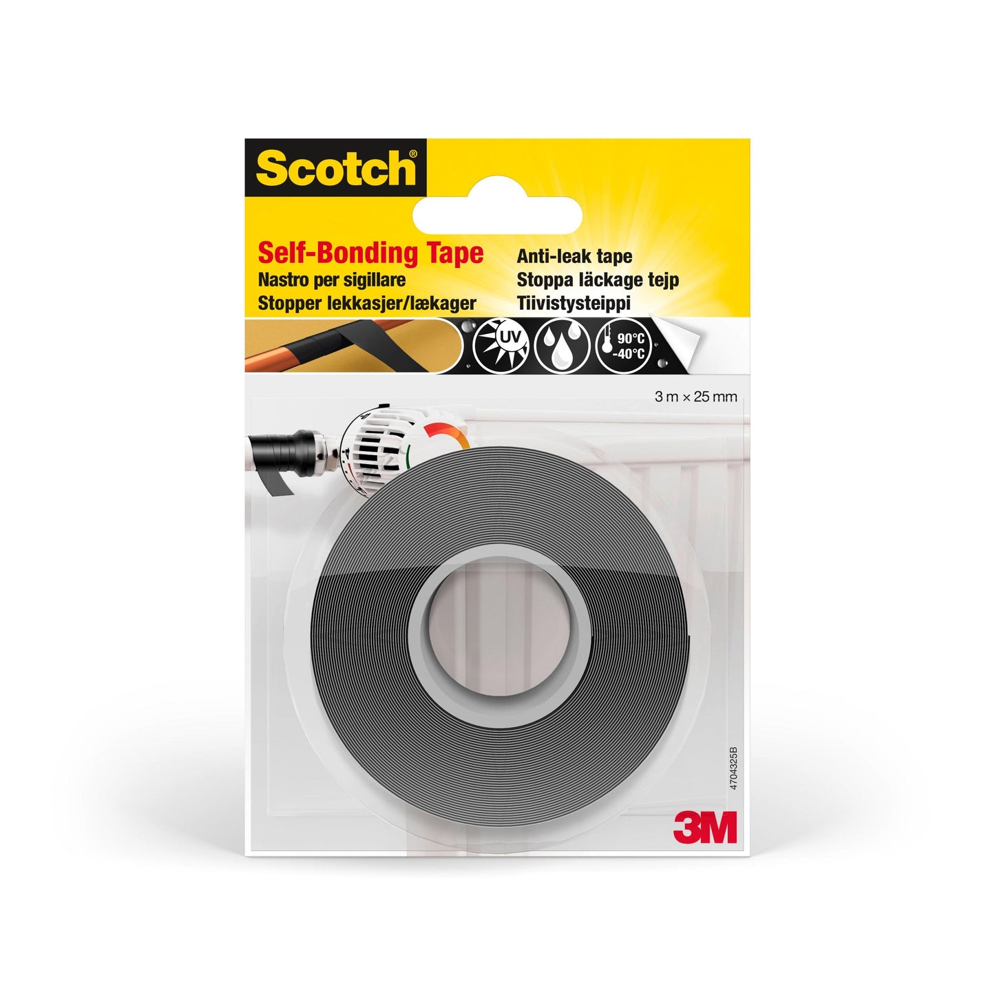 A Scotch® önhegesztő javítószalag GFNSP 4704 a 3M Deutschland GmbH-tól, fekete, 25 mm x 3 m-es tekercsként kerül kiszállításra csomagonként, és tömítésre és javításra szolgál. A szalag egy átlátszó műanyag tokban van bemutatva, látható termékinformációval.
