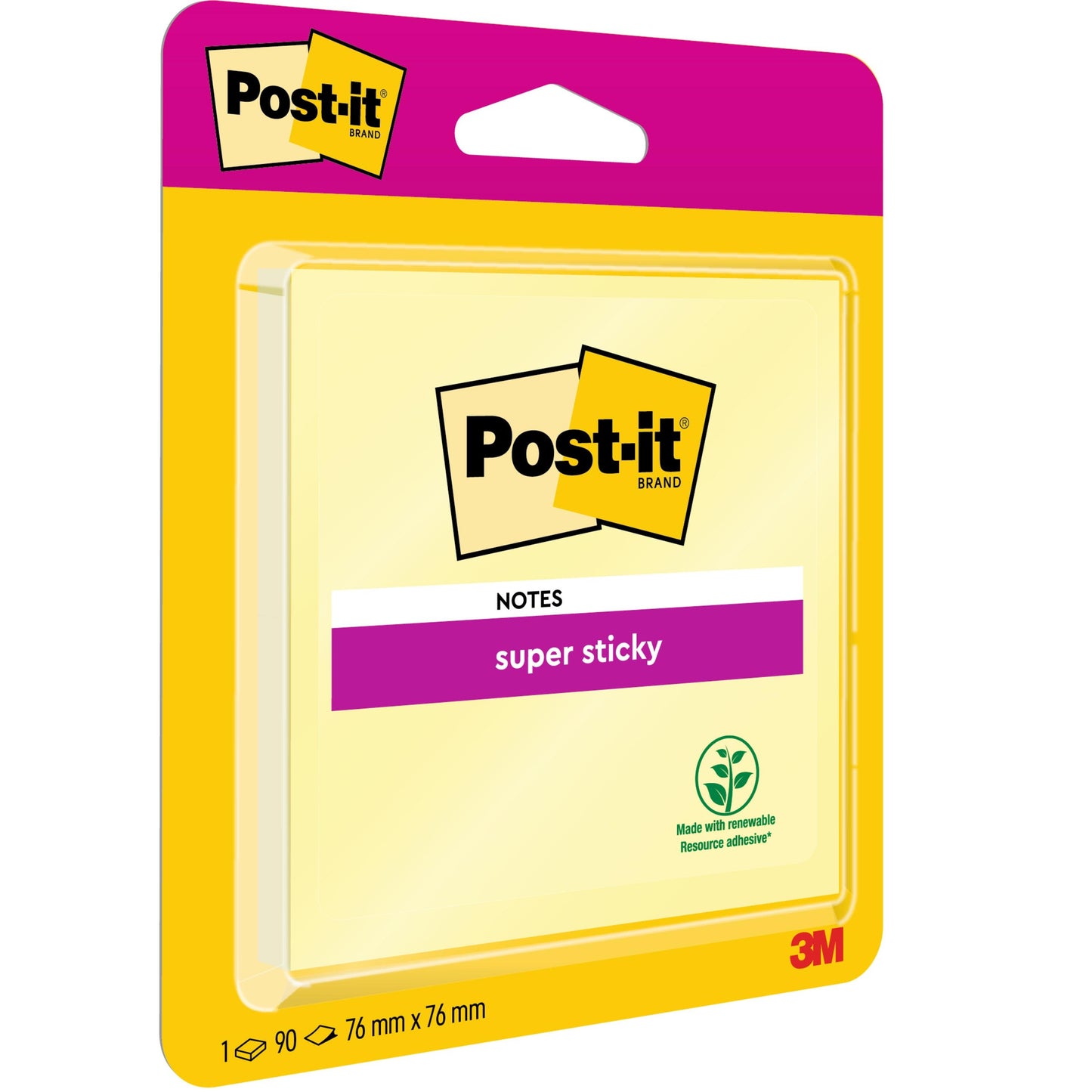 Egy csomag Post-it® Super Sticky Notes, sárga, 76 mm x 76 mm, 90 lap (1 blokk), a 3M Deutschland GmbH-tól. A csomagoláson a Post-it logó és a zöld levél szimbólum látható egy élénk rózsaszín és sárga dizájnban. PEFC-tanúsítvánnyal.
