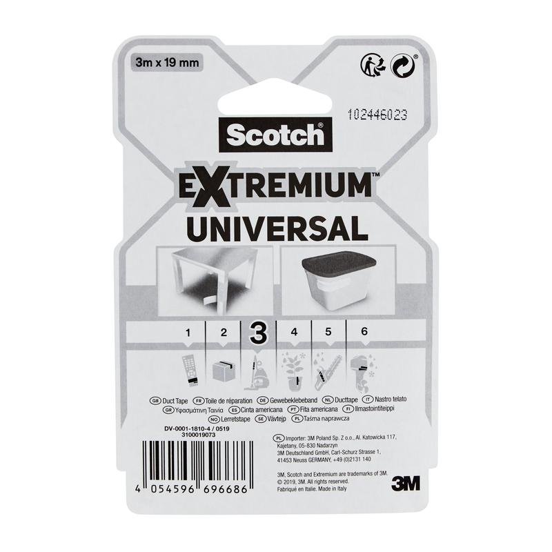 Egy csomag Scotch® Extremium™ Universal ragasztószalagon, 3 m x 19 mm a 3M Deutschland GmbH-tól a terméknév, alkalmazási képek, többnyelvű útmutató és a 3M logó látható a jobb alsó sarokban.