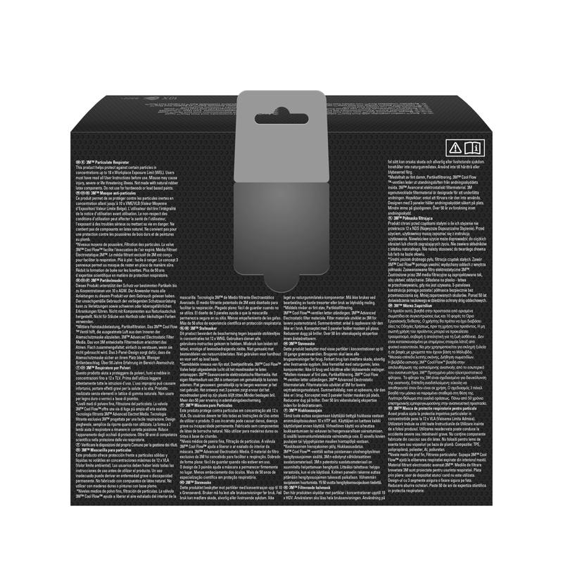 A kép a 3M™ Aura™ Comfort Cool Flow™ részecske maszk 9322+ FFP2 szelepes dobozának hátulját mutatja a 3M Deutschland GmbH-tól. A fekete doboz szürke akasztófüllel, fehér többnyelvű szöveggel oszlopokban és két szimbólummal a jobb felső sarokban rendelkezik.