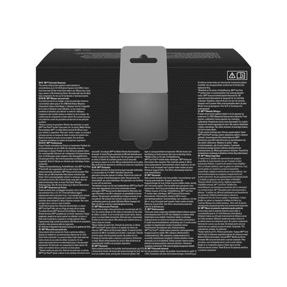 A kép a 3M™ Aura™ Comfort Cool Flow™ részecske maszk 9322+ FFP2 szelepes dobozának hátulját mutatja a 3M Deutschland GmbH-tól. A fekete doboz szürke akasztófüllel, fehér többnyelvű szöveggel oszlopokban és két szimbólummal a jobb felső sarokban rendelkezik.