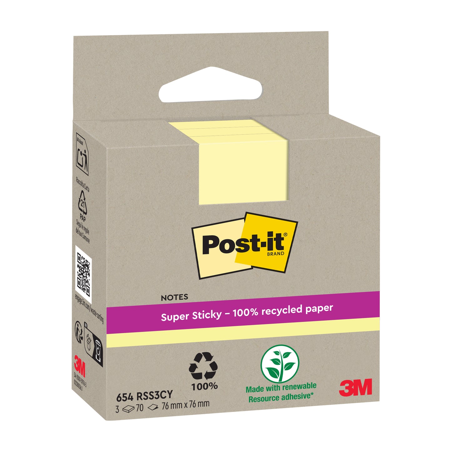 Egy csomag Post-it® Super Sticky 100% újrahasznosított jegyzettömb (76x76mm, 70 lap/blokk, 100% PEFC) a 3M Deutschland GmbH-tól. A barna doboz sárga Post-it logót, egy újrahasznosítási szimbólumot és egy zöld megújuló ragasztó szimbólumot mutat.