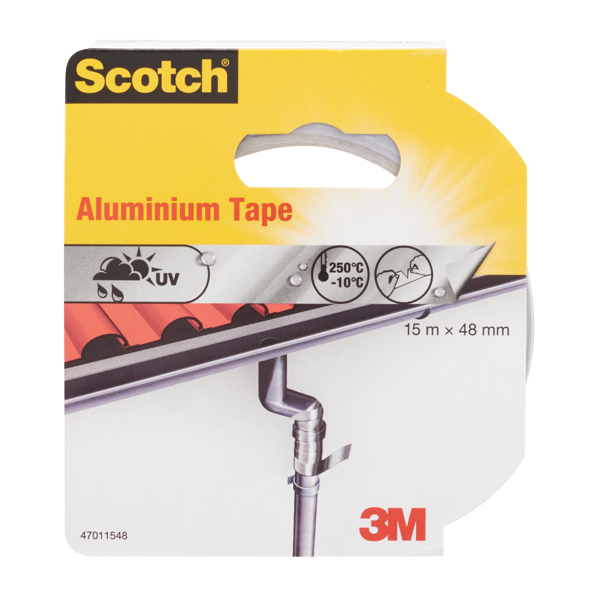 Die Verpackung von 3M Scotch® Aluminium-Klebeband 47011548 (48 mm x 15 m, Silber) weist Angaben wie UV-Beständigkeit und einen Temperaturbereich von -10°C bis 250°C auf. Enthält eine Rolle von 3M Deutschland GmbH.