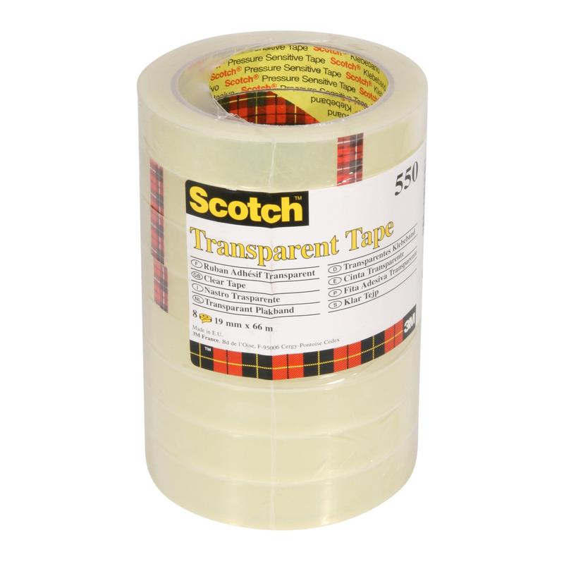 Egy csomag 8 tekercs 3M Deutschland GmbH Scotch® Átlátszó ragasztószalag 550, mérete 19 mm x 66 m, átlátszó műanyag csomagolásban, sárga címkével, fekete szöveggel és piros-sárga-fekete kockás szegéllyel szállítva.