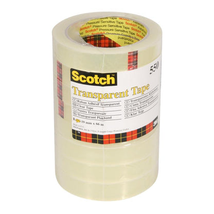 Egy csomag 8 tekercs 3M Deutschland GmbH Scotch® Átlátszó ragasztószalag 550, mérete 19 mm x 66 m, átlátszó műanyag csomagolásban, sárga címkével, fekete szöveggel és piros-sárga-fekete kockás szegéllyel szállítva.