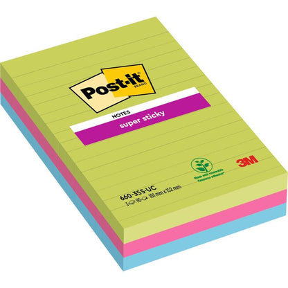 Egy csomag Post-it® Super Sticky Notes nagy méretben a 3M Deutschland GmbH-tól, vonalas, különböző színekben (101 mm x 152 mm, 90 lap/blokk, 3 blokk), 100% PEFC tanúsítvánnyal (SGSCH-PEFC-COC-110078).