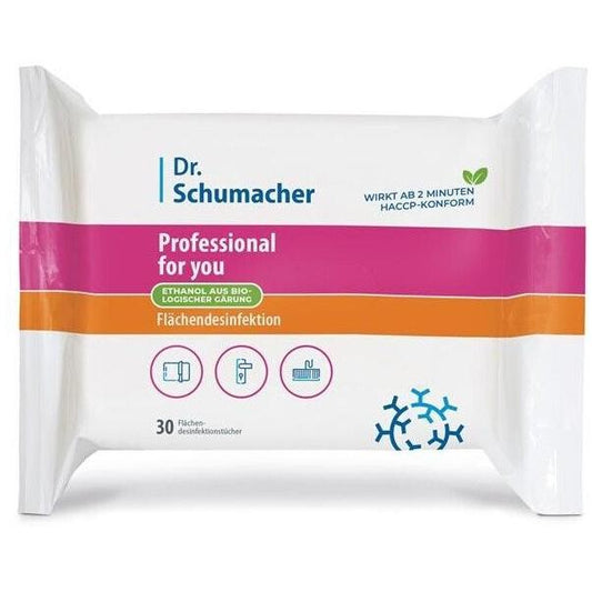 Eine Packung Dr. Schumacher GmbH PROFESSIONAL@home Flächendesinfektionstücher (30 Tücher) setzt farbige Akzente - ideal für die Flächendesinfektion zuhause; Packung enthält 30 Tücher.