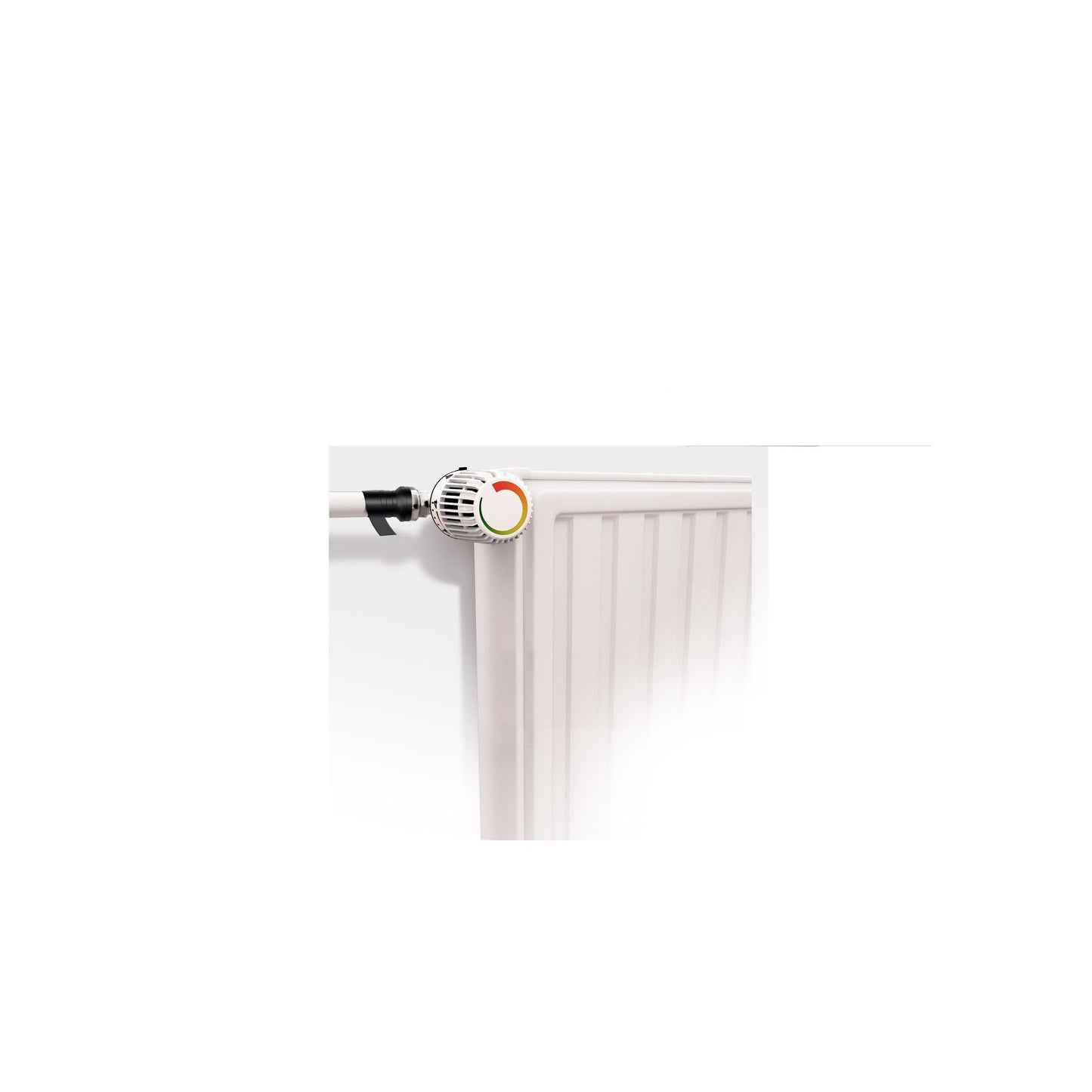 Egy fehér fém radiátor egy bal felső sarokban lévő hőmérsékletszabályozó szeleppel, megerősítve a 3M Deutschland GmbH Scotch® önhegesztő javítószalag GFNSP 4704, fekete, 25 mm x 3 m-rel; fehér alapon.