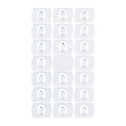 Ein Satz von vierundzwanzig Command™ Dekorations-Clips, transparent, von 3M Deutschland GmbH, jeweils mit einer rechteckigen klaren Rückseite und transparenten Streifen, angeordnet in einem 4x6-Raster auf weißem Hintergrund.