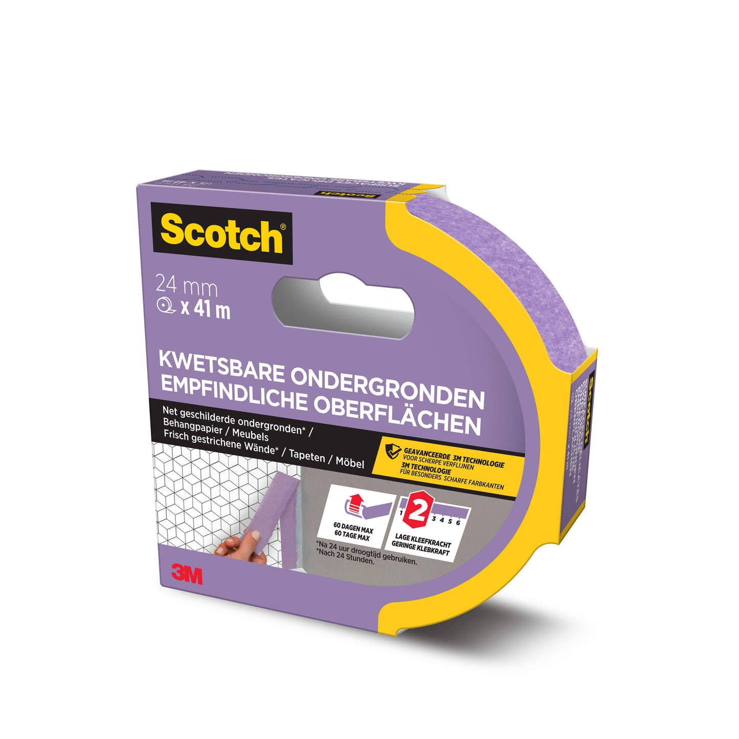 Egy 24 mm x 41 m-es Scotch® festőszalag érzékeny felületekhez (3M Deutschland GmbH), holland, német és francia szöveggel ellátott lila PEFC-tanúsítvánnyal rendelkező csomagolásban, enyhe tapadással és a 3M logóval.