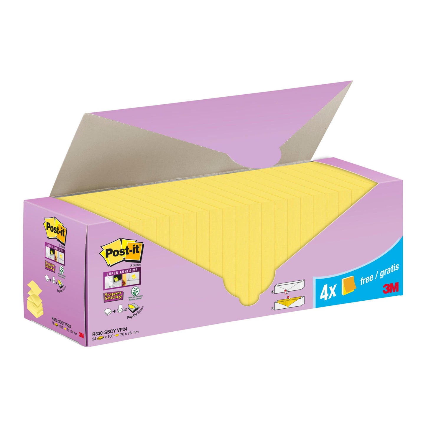 Eine Schachtel 3M Post-it® Super Sticky Z-Notes in Gelb (76 x 76 mm) mit lila Kartonverpackung trägt die Aufschrift "20 Blöcke + 4 Gratis/Packung" und enthält 90 Blatt/Block, hergestellt aus 100% PEFC-zertifiziertem Papier.