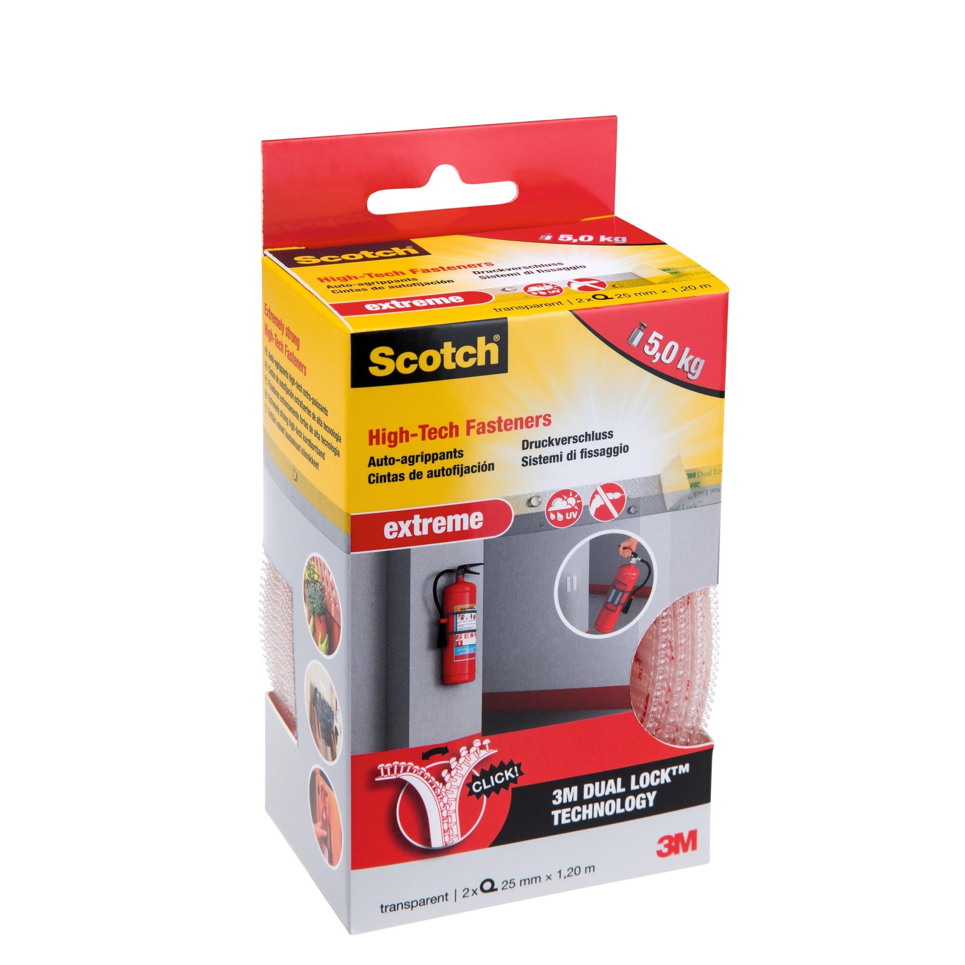 Eine Schachtel Scotch™ Extreme Verschlüsse (3M Deutschland GmbH), transparent, 25 mm x 1,2 m, 2 Rollen, hat eine Tragkraft von 5 kg und zeigt auf der Verpackung Befestigungsstreifen sowie einen an der Wand montierten Feuerlöscher.