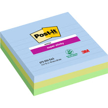 Abgebildet ist ein Stapel 3M Post-it® Super Sticky Notes im Großformat (101 x 101 mm, 70 Blatt/Block, 100% PEFC) in Pastellfarben, mit blauen Notizen obenauf. Auf der Verpackung sind die Logos von Post-it und der 3M Deutschland GmbH sowie Produktangaben abgebildet.