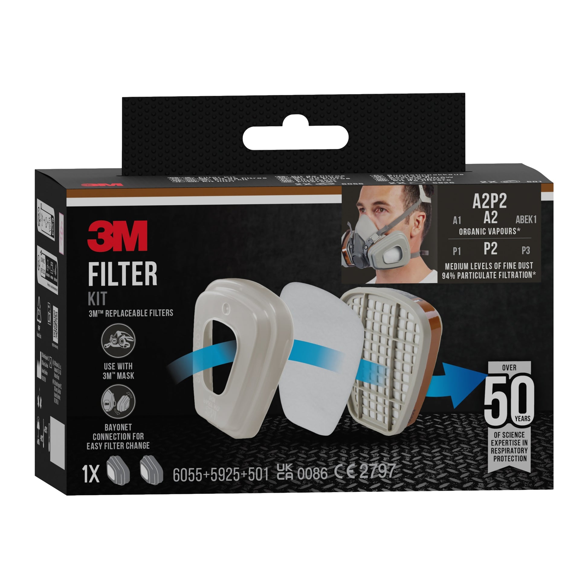 3M™ Filtersatz 6002-1 Packung (1 Stück) von 3M Deutschland GmbH zeigt Abbildungen der Maske, Filtertypen (A2P2: 2x6055, 2x5925, 2x501) sowie Modelle und Schutz vor Staub & organischen Dämpfen. Über 50 Jahre Wissenschaftserfahrung.