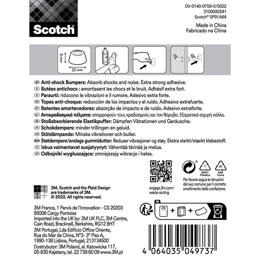 Produktetikett für Scotch® Stoßabsorbierende Elastikpuffer für Wände SP91A64 (Ø 22 mm, selbsthaftend, transparent, 4/Packung) von 3M Deutschland GmbH; mehrsprachiger Text, Icons, Anleitung, Barcode, Recycling- und Sicherheitssymbole in schwarz auf weiß.