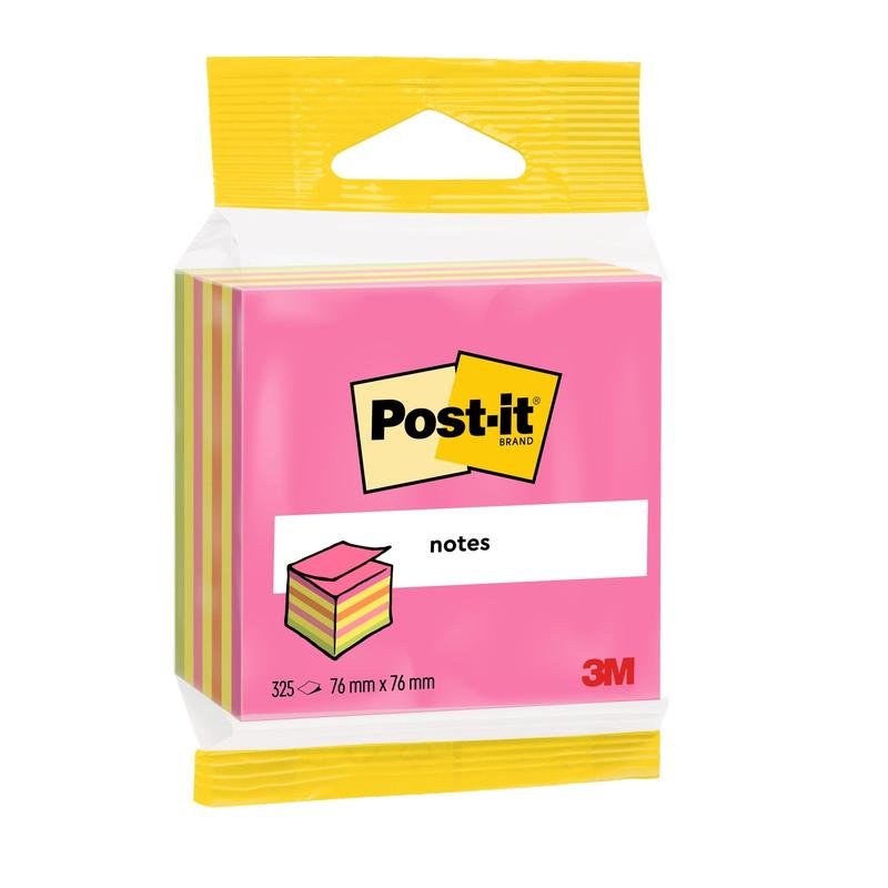 Egy csomag Post-it® Notes kocka a 3M Deutschland-tól rózsaszín és sárga színben, 76 x 76 mm, 325 lap - 100% PEFC-tanúsítvánnyal, ideális irodai mindennapokra.