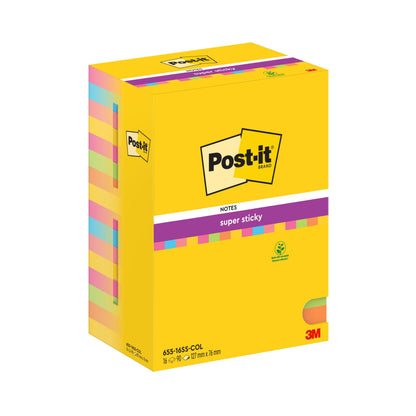 Egy csomag 16 Post-it® Super Sticky Notes a 3M Deutschland GmbH-tól, mindegyik különböző színekben, 76 mm x 127 mm méretben, 90 lap/blokk. 100% PEFC-tanúsítvánnyal rendelkező papírból készült (SGSCH-PEFC-COC-110078).